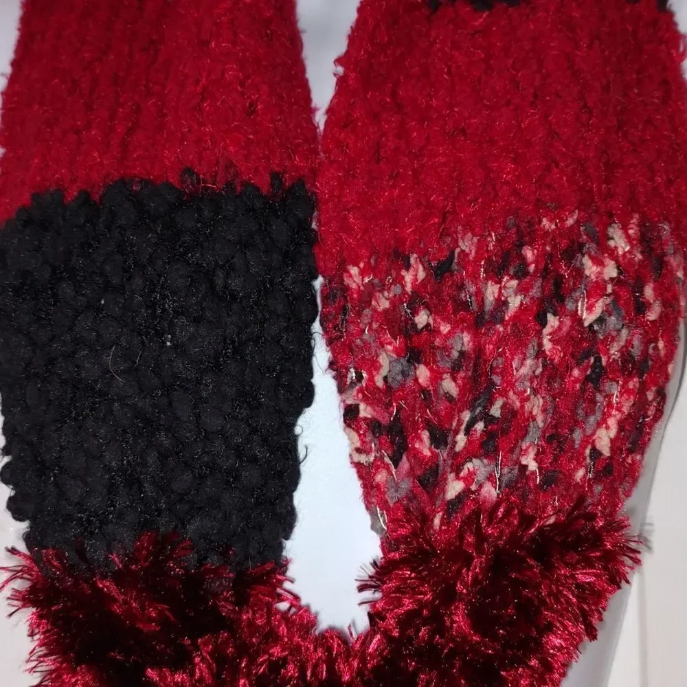Cejon red black scarf soft fuzzy multi texture scarf